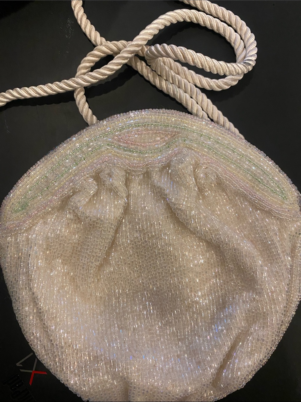 Gorgeous Beaded Ivory Round Crossbody Bag with Rope Strap